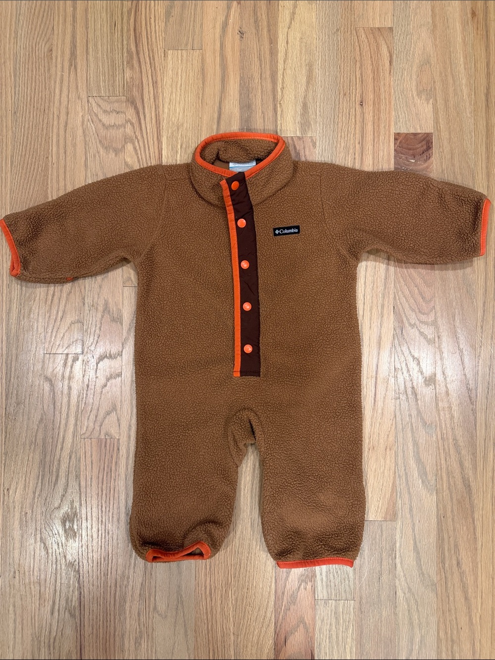 Columbia Baby Fleece Bunting Suit Brown Orange Fold Over Hands Feet 3-6 Months